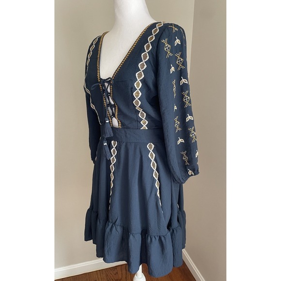 Dress Forum M Navy Embroidered Corset Tie Front Short Boho Hippie Alpine Oktober - Picture 8 of 16